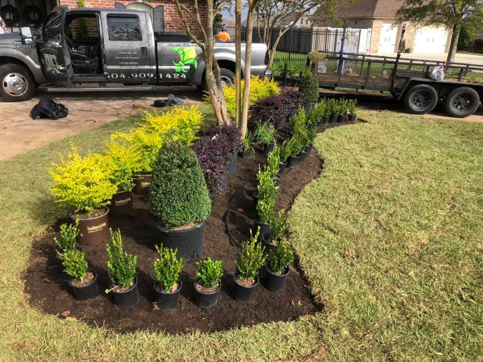 Preparation for a garden installation with a variety of potted plants and shrubs arranged on freshly turned soil, ready to enhance a lawn by Eric's Tidy Turf in Gretna, LA.