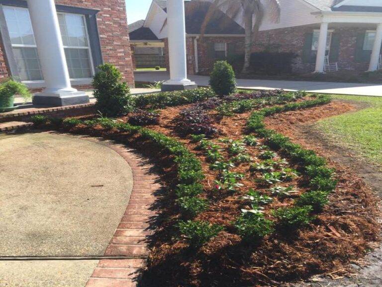 Beautifully landscaped front garden bed with vibrant purple foliage and green shrubs, framed by a brick border in front of a home, maintained by Eric's Tidy Turf.