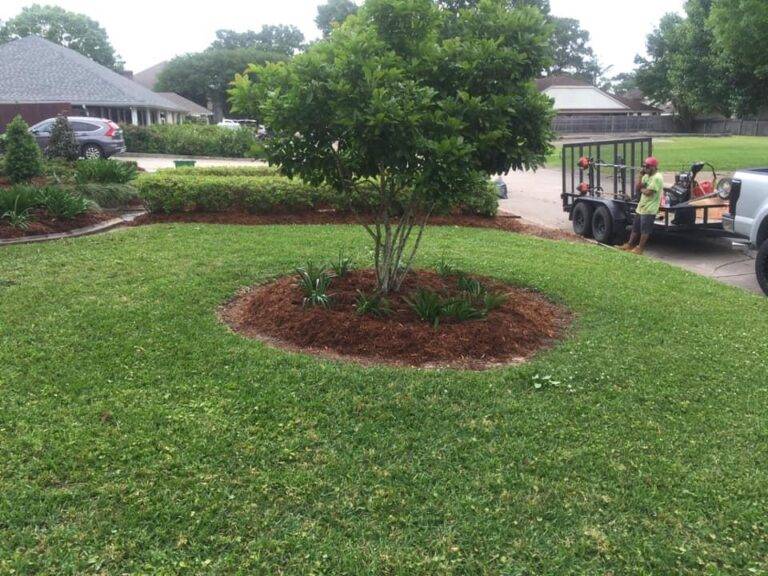 Beautifully landscaped front garden bed with vibrant purple foliage and green shrubs, framed by a brick border in front of a home, maintained by Eric's Tidy Turf.